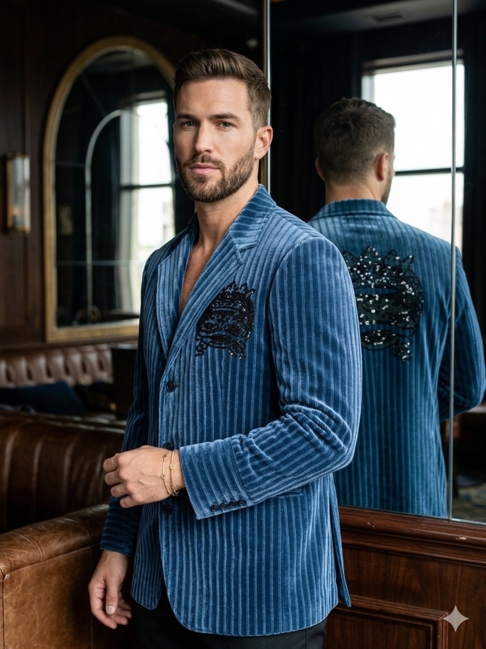 Men's Blue Corduroy Embroidered Blazer
